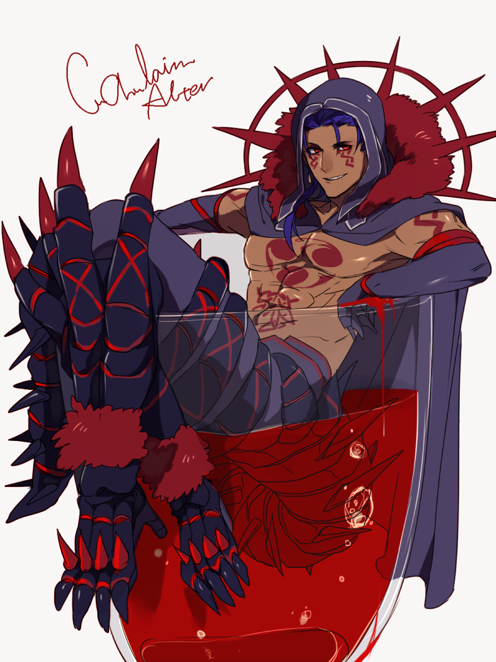 1boy 2f_sq abs bare_chest blue_hair bodypaint bubble cape character_name claws crossed_legs cu_chulainn_(fate)_(all) cu_chulainn_alter_(fate/grand_order) cup dark_persona detached_hood drinking_glass elbow_gloves fate/grand_order fate_(series) full_body fur gloves grin hood hood_up legs_up liquid long_hair looking_at_viewer male_focus monster_boy muscle pants partially_submerged pectorals ponytail red_eyes shirtless simple_background skin_tight smile solo spikes tail tan type-moon white_background wine_glass