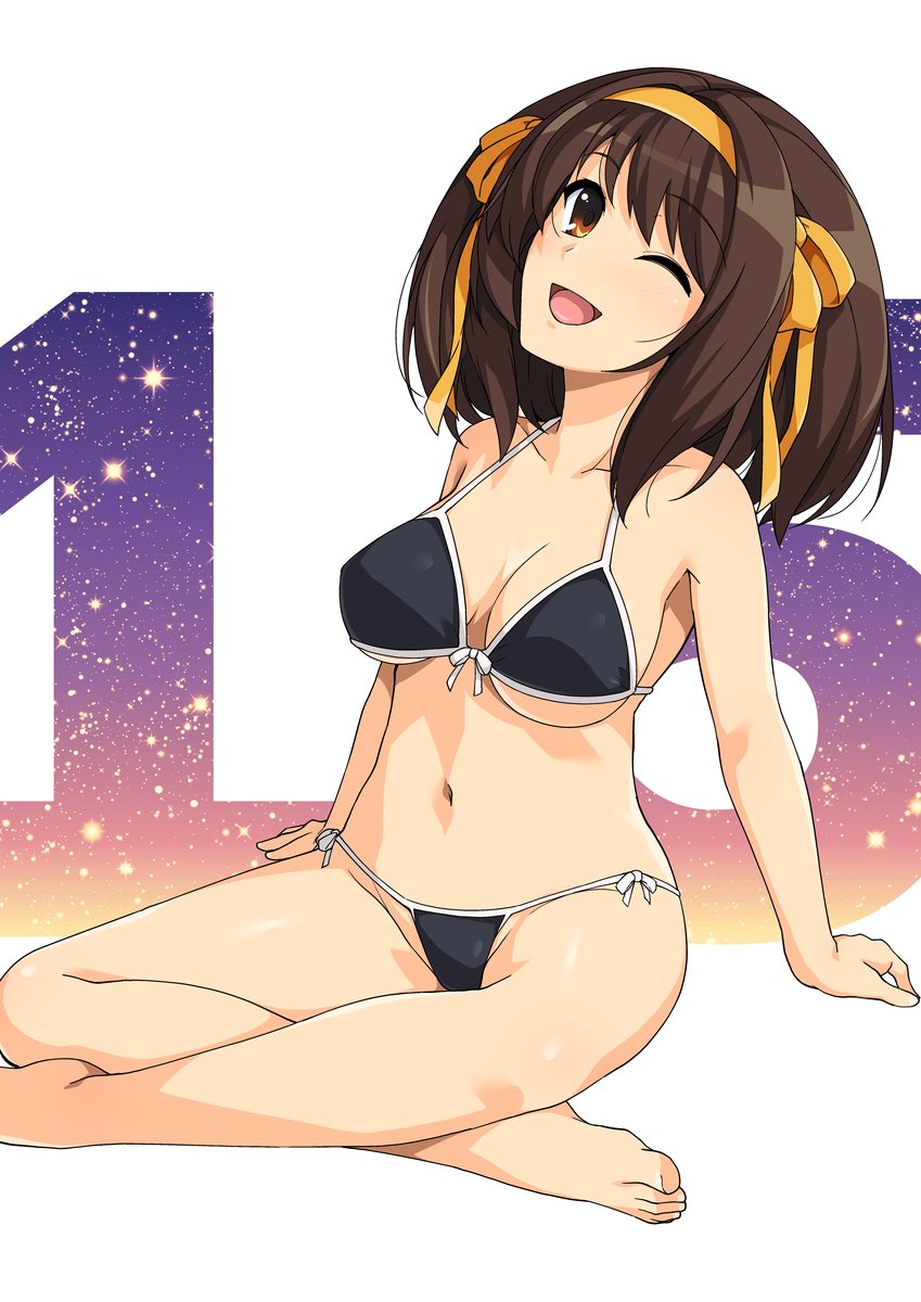 1girl bare_arms bare_legs bare_shoulders barefoot bikini black_bikini breasts brown_eyes brown_hair commentary_request countdown hairband haruhisky highres indian_style medium_breasts medium_hair one_eye_closed open_mouth ribbon sitting smile solo suzumiya_haruhi suzumiya_haruhi_no_yuuutsu swimsuit yellow_hairband yellow_ribbon