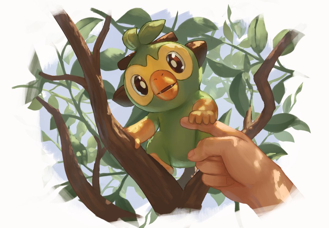 1other brown_eyes commentary_request disembodied_limb fangs fingernails gen_8_pokemon grookey holding leaf looking_at_viewer open_mouth pokemon pokemon_(creature) pov shiny starter_pokemon supearibu tree_branch