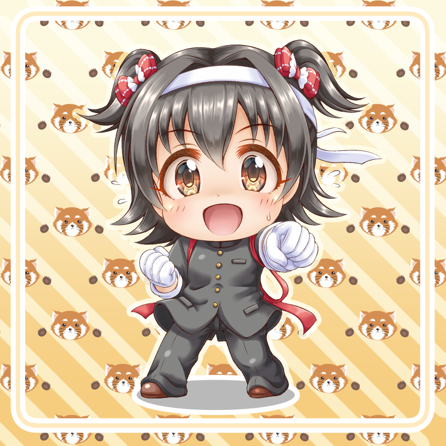 1girl :d akagi_miria bangs big_head black_hair black_jacket black_pants blush brown_eyes brown_footwear chibi clenched_hands diagonal_stripes eyebrows_visible_through_hair flying_sweatdrops full_body gakuran gloves hair_between_eyes hair_intakes headband idolmaster idolmaster_cinderella_girls jacket long_sleeves looking_at_viewer open_mouth ouendan outstretched_arm pants regular_mow school_uniform shadow shoes smile solo standing striped striped_background sweat two_side_up white_gloves