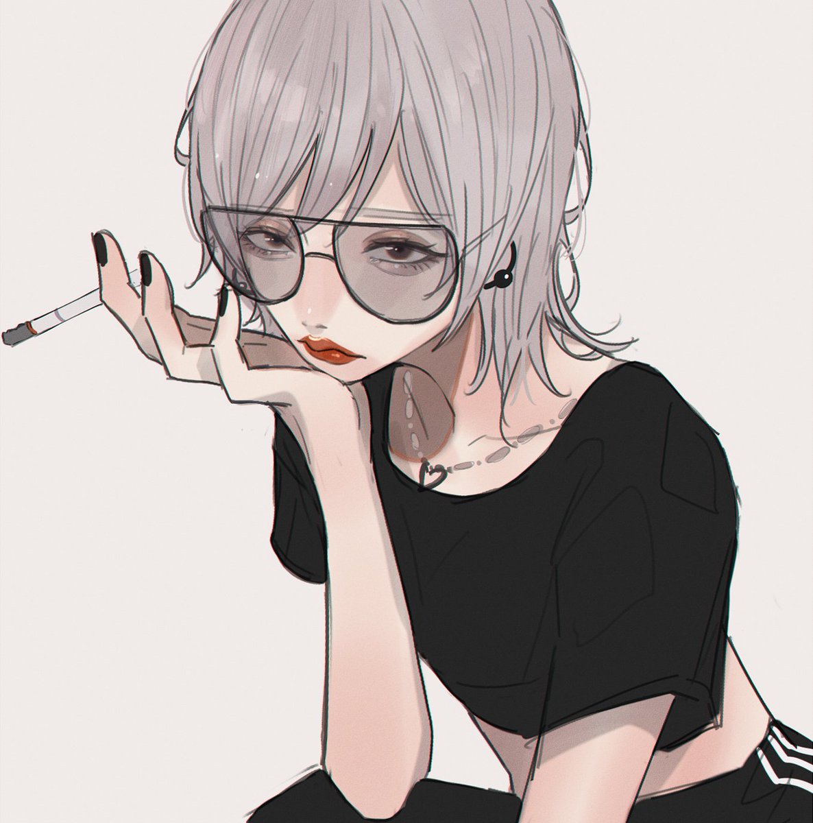 1girl adidas black_nails brown_eyes cigarette grey_hair highres holding holding_cigarette mano_aaa original pants red_lips short_hair solo sunglasses track_pants