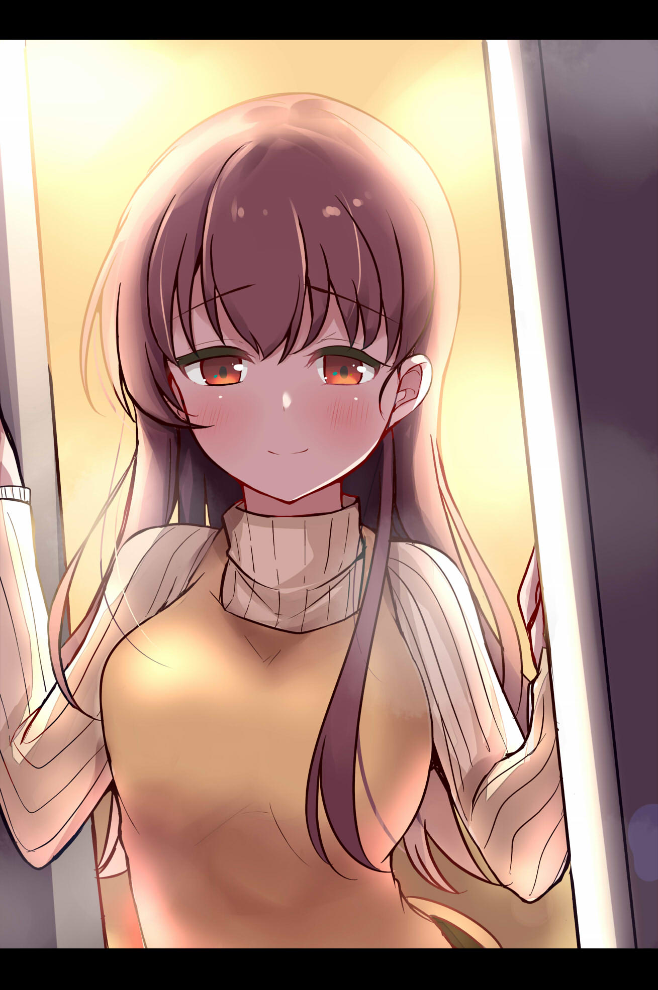 1girl alternate_costume apron beige_sweater brown_eyes brown_hair door highres kantai_collection long_hair long_sleeves looking_at_viewer ooi_(kantai_collection) ribbed_sweater smile solo soramuko sweater upper_body yellow_apron