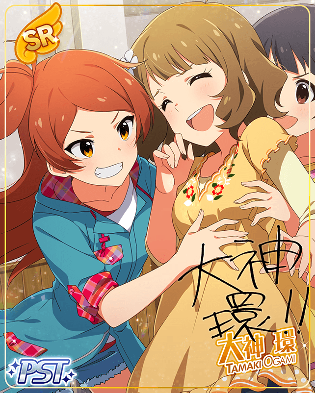 blush character_name dress idolmaster_million_live!_theater_days long_hair oogami_tamaki orange_eyes orange_hair smile suou_momoko