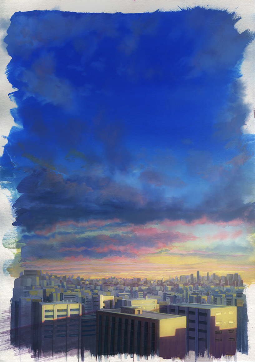 blue_sky building city cityscape day no_humans original outdoors sawitou_mizuki scenery sky skyscraper sunset traditional_media