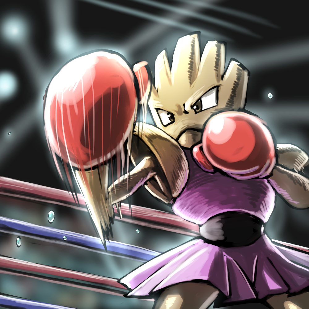 :&lt; blurry blurry_background boxing_ring closed_mouth commentary_request cowboy_shot gen_1_pokemon hands_up hitmonchan kaosu_(kaosu0905) legs_apart motion_blur motion_lines pokemon pokemon_(creature) punching solo standing water_drop