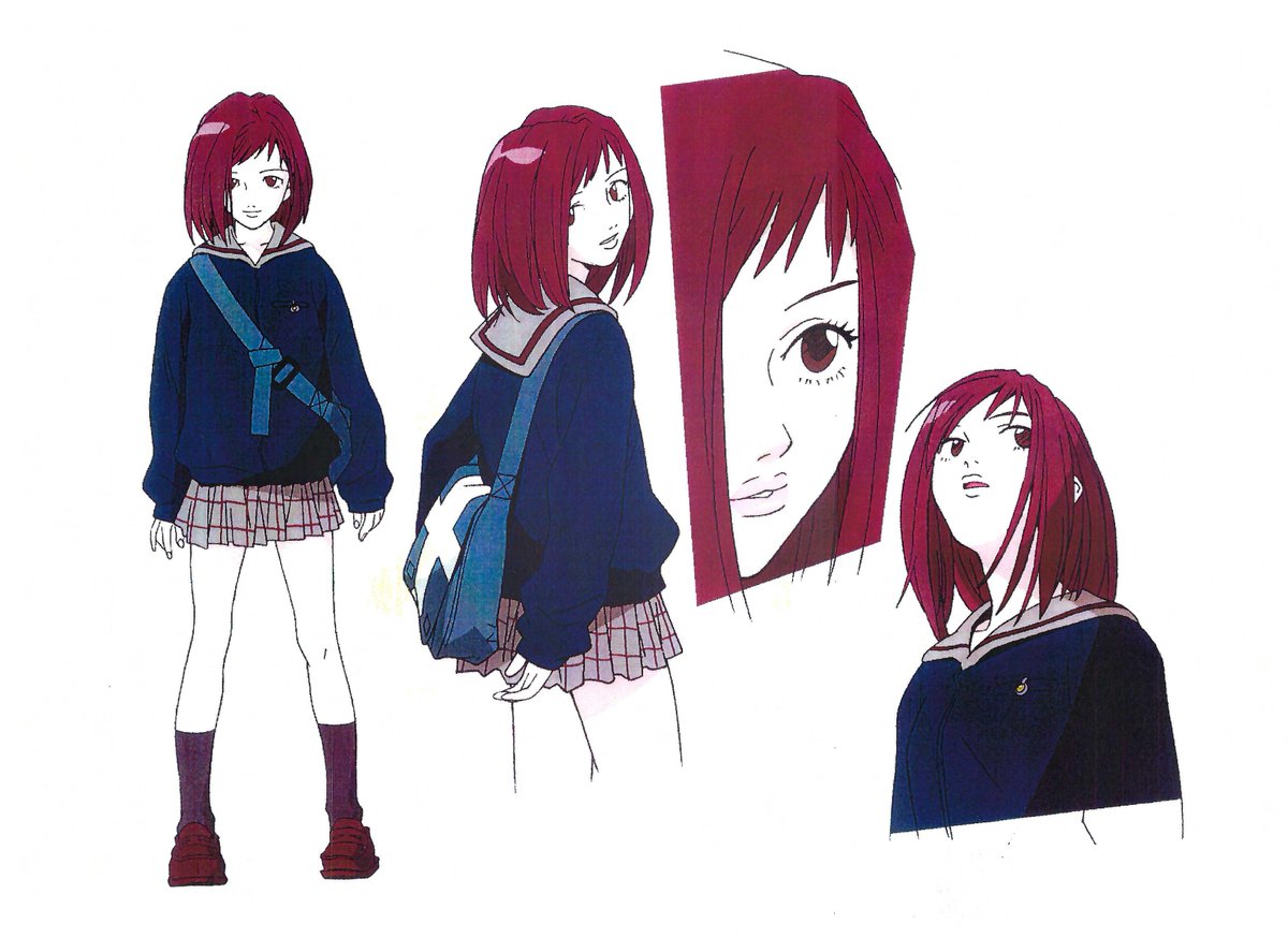 1girl bag breasts brown_eyes brown_hair character_sheet expressions flcl gainax official_art production_art production_ig sadamoto_yoshiyuki samejima_mamimi school_uniform short_hair skirt small_breasts solo standing