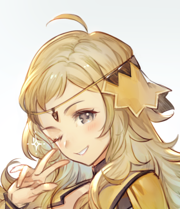 1girl ahoge blonde_hair circlet diadem fire_emblem fire_emblem_fates fire_emblem_heroes grey_eyes headshot looking_at_viewer one_eye_closed ophelia_(fire_emblem) smile solo sparkle sparkling_eyes teeth umiu_geso v white_background