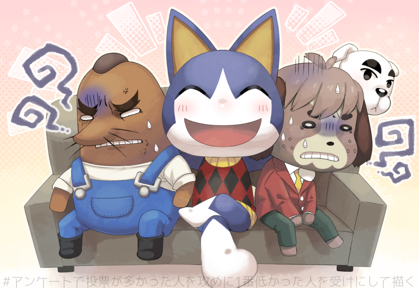 4boys :&lt; anger_vein animal_crossing animal_ears annoyed antenna_hair argyle_shirt arm_around_shoulder arms_up bald bangs barefoot black_eyes black_footwear blank_eyes blush boots brown_hair cat_boy cat_ears clenched_teeth closed_eyes closed_mouth commentary_request couch crossed_legs digby_(animal_crossing) dog_boy dog_ears doubutsu_no_mori freckles full_body furry gradient gradient_background green_pants hands_together happy jacket k.k._slider_(animal_crossing) male_focus mole_(animal) mr._resetti multiple_boys necktie nintendo nintendo_ead no_humans o_o open_mouth outline outstretched_arms overalls pants pink_background red_jacket red_shirt rover_(animal_crossing) shirt short_hair short_sleeves simple_background sitting sleeveless sleeveless_shirt smile spread_arms suspenders sweatdrop teeth thick_eyebrows translation_request tsutsuji_(hello_x_2) turn_pale very_short_hair white_eyes white_shirt yellow_neckwear