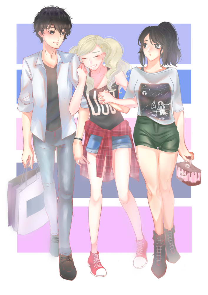 1boy 2girls amamiya_ren bag black_hair blonde_hair blue_eyes closed_eyes denim guririries jeans lowres multiple_girls pants persona persona_5 red_footwear shirt shorts smile suzui_shiho takamaki_anne