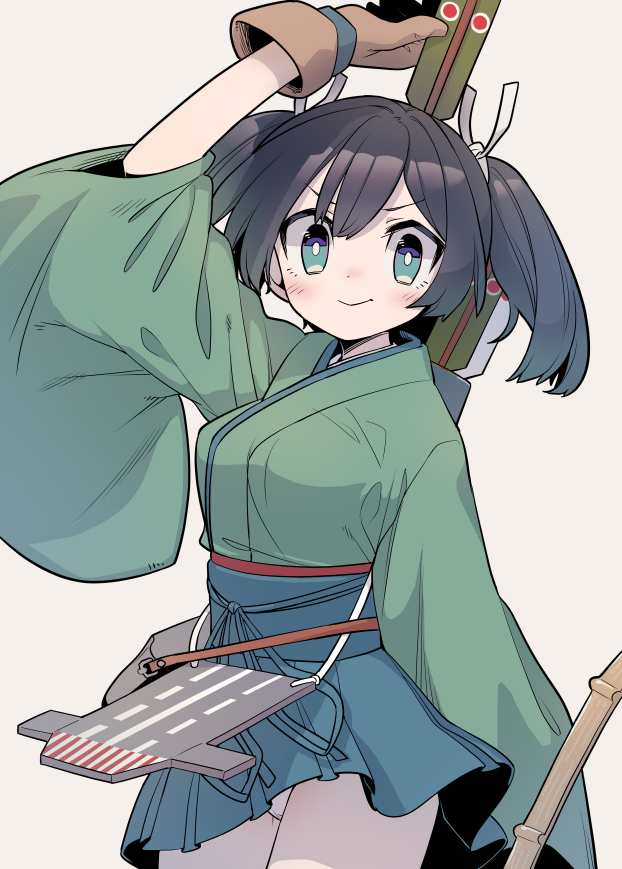 1girl arrow_(projectile) black_hair blue_eyes blue_hakama breasts brown_gloves cowboy_shot flight_deck gloves green_kimono hair_ribbon hakama hakama_skirt headband japanese_clothes kantai_collection kimono large_breasts long_hair looking_at_viewer monaka_ooji panties pantyshot partially_fingerless_gloves quiver revision ribbon simple_background single_glove solo souryuu_(kantai_collection) twintails underwear white_background white_panties yugake