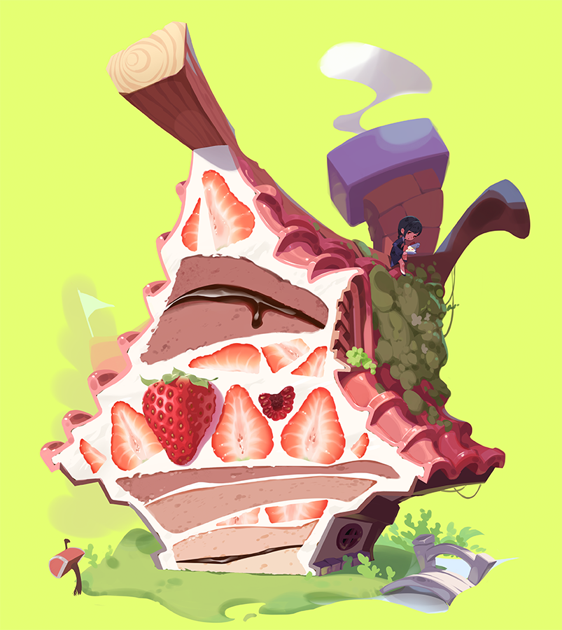 1girl bangs black_hair bridge cake cake_slice chimney commentary donuttypd food fruit green_background holding holding_plate house mailbox_(incoming_mail) on_roof original plant plate raspberry simple_background solo strawberry strawberry_shortcake tile_roof wide_shot