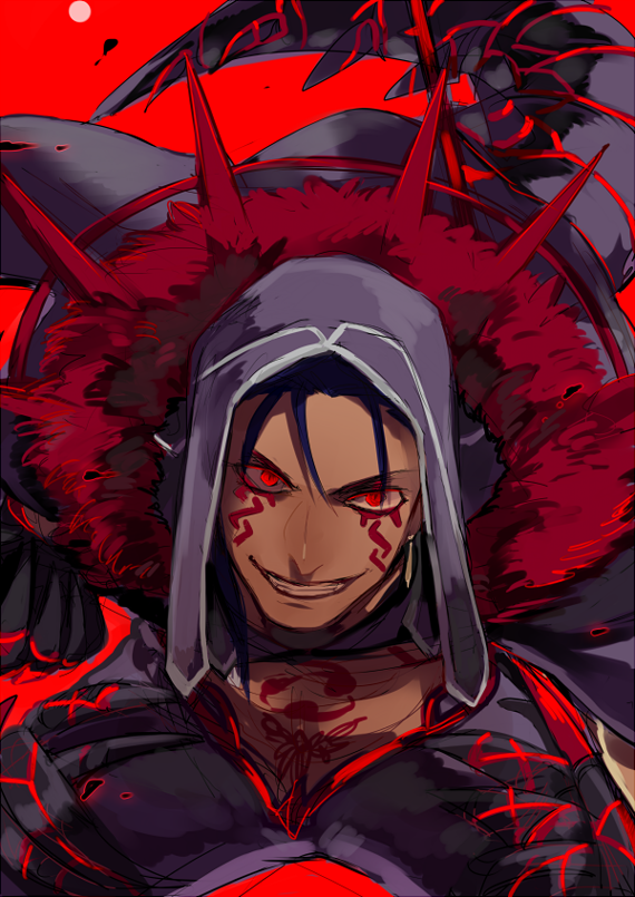 1boy 2f_sq bent_over blue_hair bodypaint cape cu_chulainn_(fate)_(all) cu_chulainn_alter_(fate/grand_order) dark_persona earrings facepaint fate/grand_order fate_(series) fur grin hood hood_up jewelry looking_at_viewer male_focus monster_boy red_background red_eyes simple_background smile solo tail type-moon