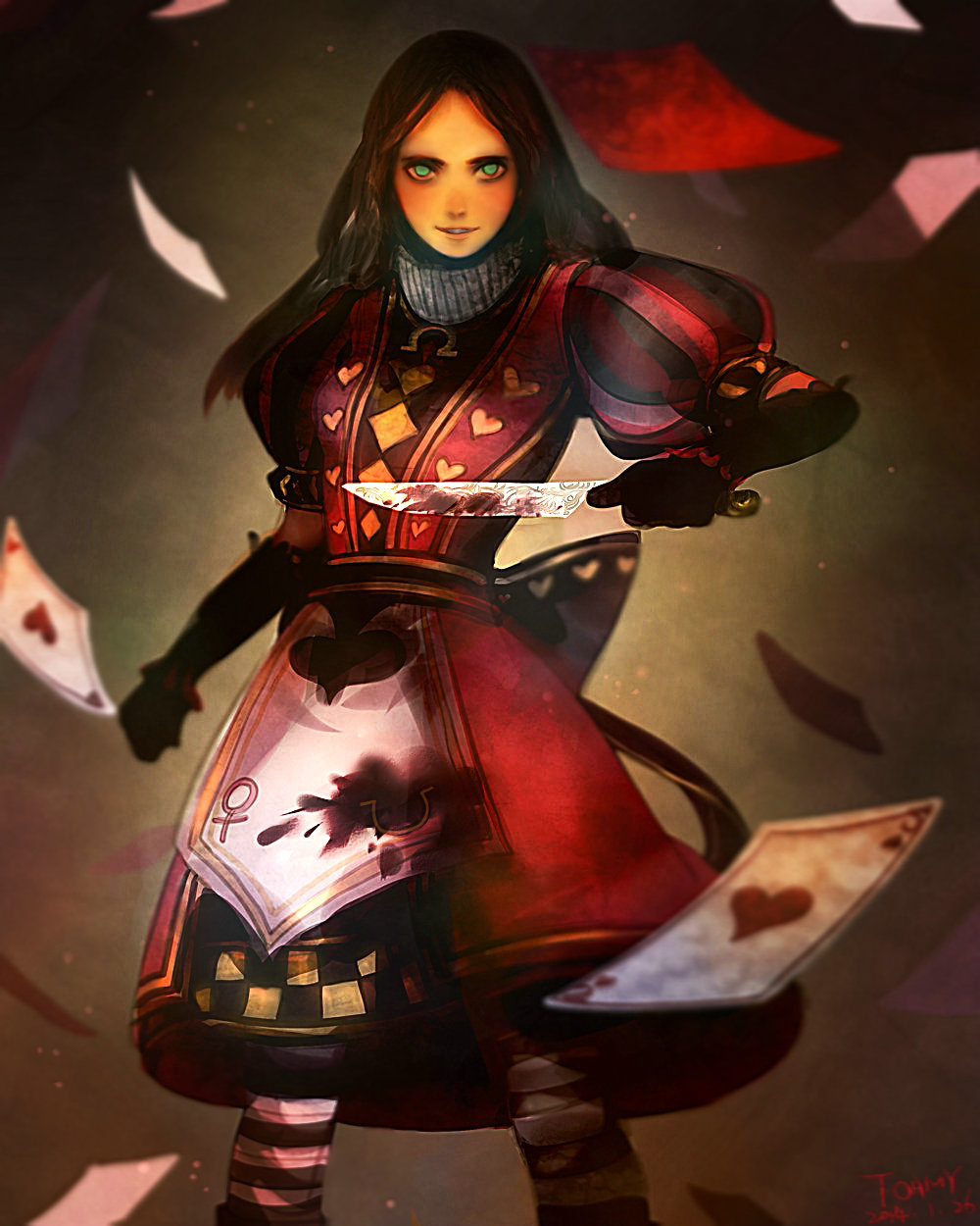 1girl alice:_madness_returns alice_(wonderland) alice_in_wonderland american_mcgee's_alice apron black_hair blood dress gloves green_eyes highres jupiter_symbol knife long_hair looking_at_viewer pantyhose smile solo striped striped_legwear weapon