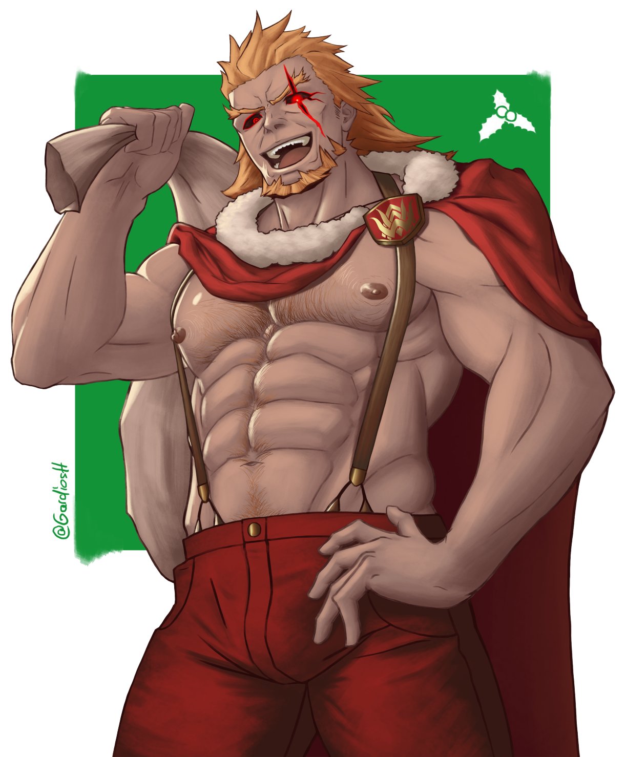 1boy :d abs alternate_costume badge bara beard black_eyes brown_hair bulge cape dark_skin facial_hair fire_emblem fire_emblem_heroes gardios green_background hand_on_hip highres holding holding_sack looking_at_viewer male_focus muscle nipples open_mouth pants pectorals red_cape red_eyes red_pants redhead sack santa_costume scar scar_across_eye short_hair simple_background smile solo_focus surtr_(fire_emblem) suspenders