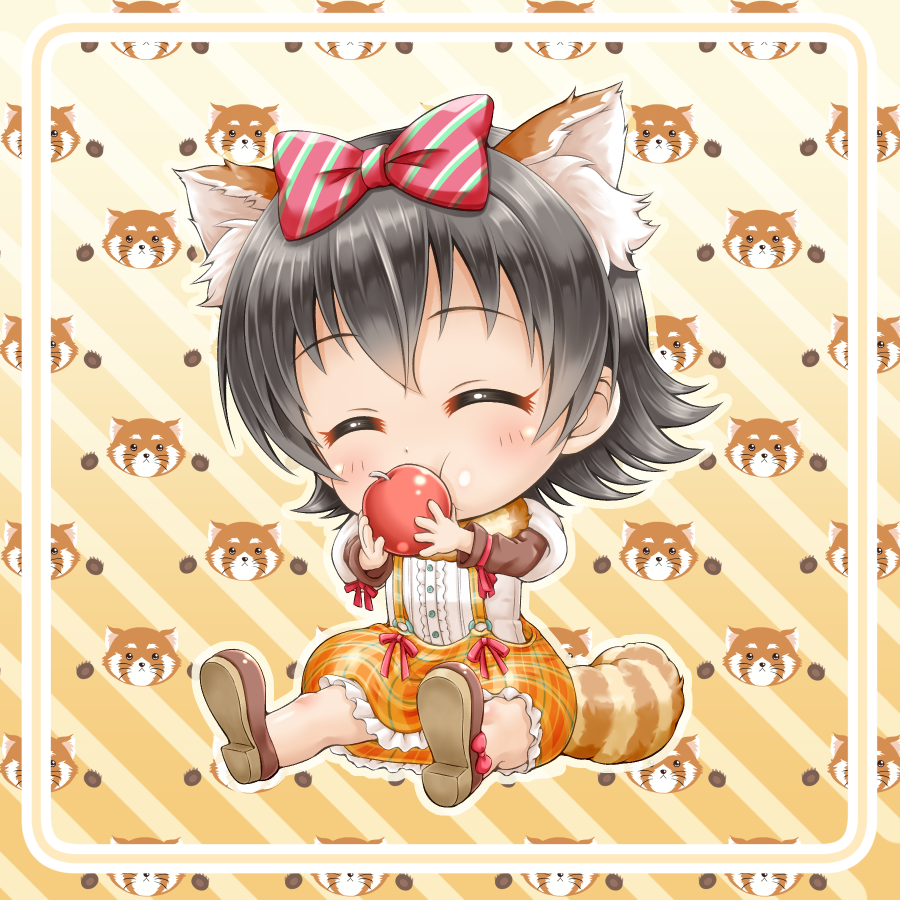 1girl ^_^ akagi_miria animal_ear_fluff animal_ears apple bangs black_hair blush bow brown_footwear center_frills chibi closed_eyes diagonal_stripes eating eyebrows_visible_through_hair facing_viewer food frilled_skirt frills fruit hair_between_eyes hair_bow holding holding_food holding_fruit idolmaster idolmaster_cinderella_girls kemonomimi_mode long_sleeves orange_skirt plaid plaid_skirt puffy_short_sleeves puffy_sleeves raccoon_ears raccoon_girl raccoon_tail red_apple regular_mow shirt shoe_soles shoes short_over_long_sleeves short_sleeves sitting skirt solo striped striped_background striped_bow suspender_skirt suspenders tail white_shirt