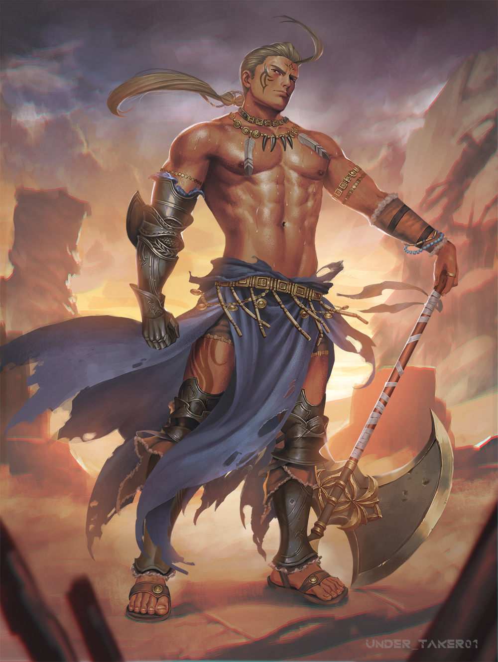 abs axe bara biceps blonde_hair bracelet facial_tattoo feathers fire_emblem fire_emblem_heroes gauntlets hawkeye_(fire_emblem) highres jewelry leg_armor leg_tattoo male_focus muscle pectorals sandals shirtless tattoo undertaker01