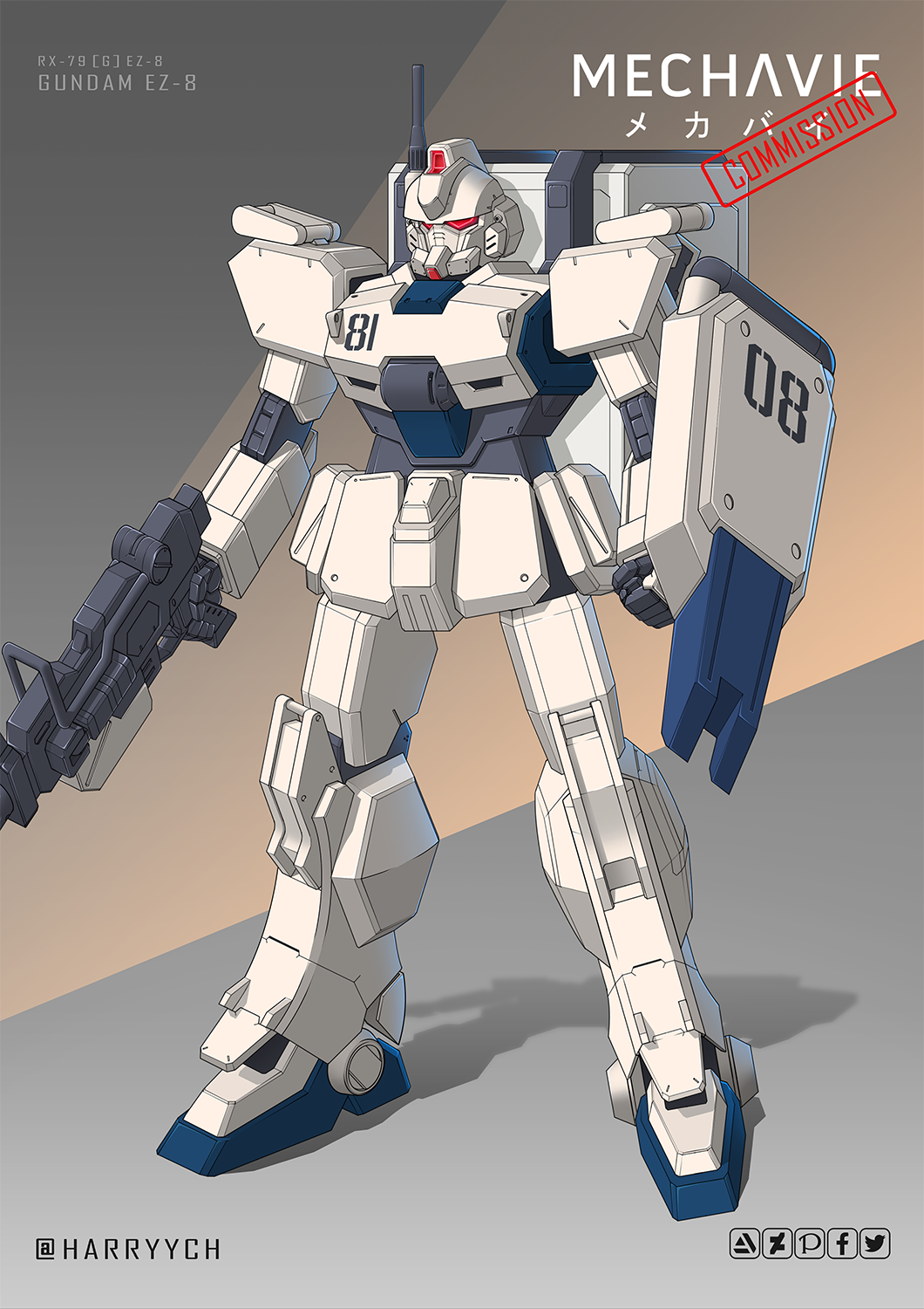 artist_name clenched_hand english_commentary gun gundam gundam_08th_ms_team gundam_ez8 harryych highres holding holding_gun holding_shield holding_weapon mecha no_humans radio_antenna red_eyes shield solo standing weapon