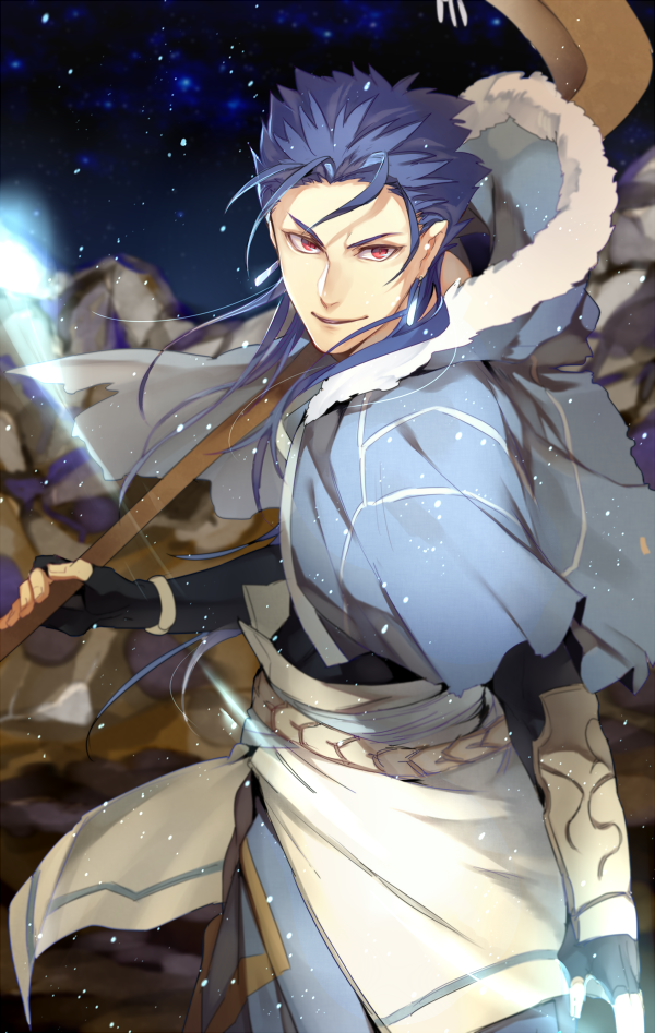 1boy 2f_sq belt blue_hair capelet cu_chulainn_(fate)_(all) cu_chulainn_(fate/grand_order) earrings fate/grand_order fate_(series) from_side fur fur-trimmed_hood fur_trim grin holding holding_weapon hood hooded_capelet jewelry long_hair male_focus night night_sky outdoors red_eyes sky smile solo spiky_hair staff star_(sky) starry_sky type-moon weapon wooden_staff