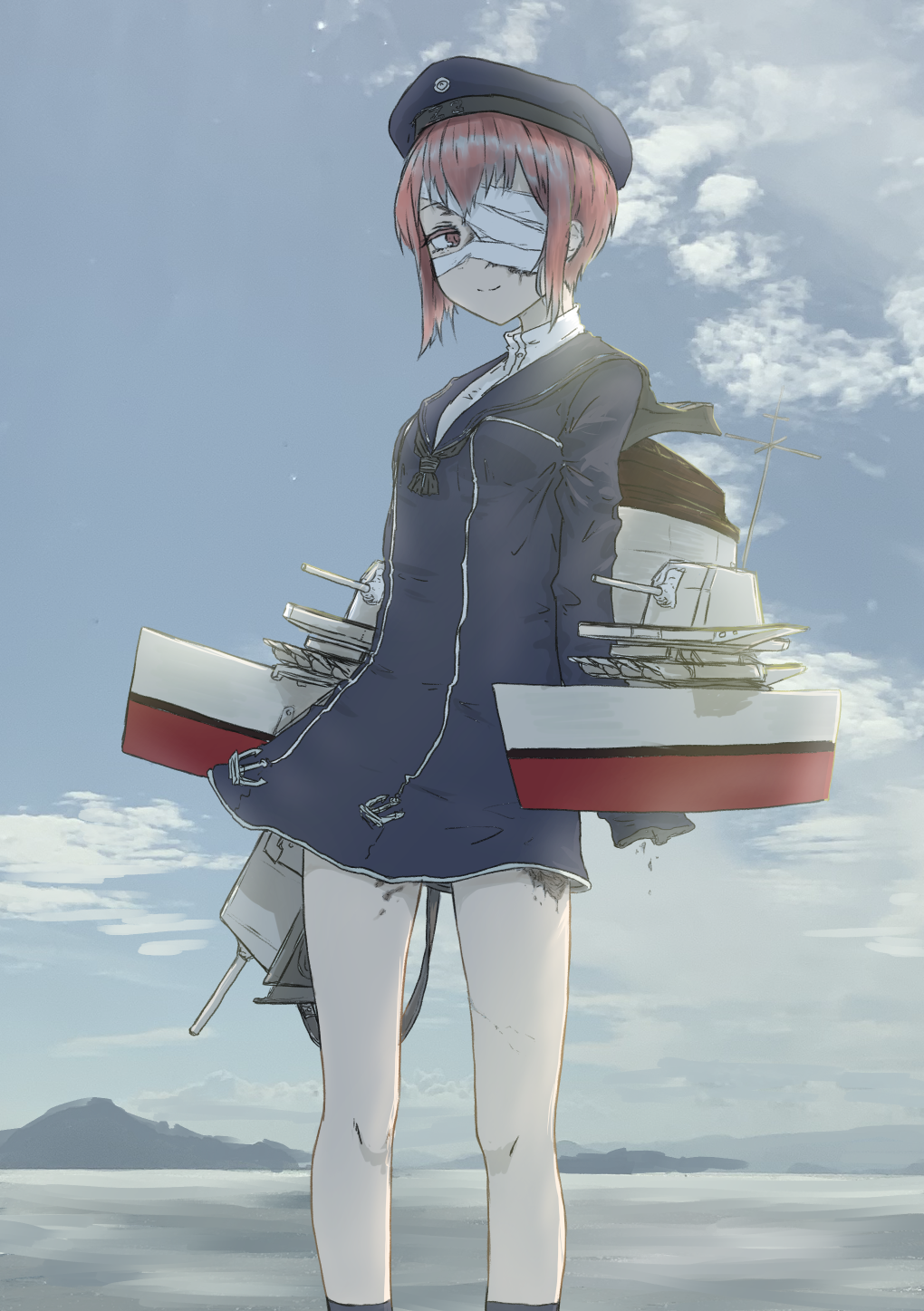 1girl amputee bandage_over_one_eye bandages bangs breasts brown_eyes brown_hair clothes_writing clouds day dress hat highres injury kantai_collection long_sleeves machinery mechanical_parts mountain nito_(nshtntr) ocean outdoors rigging sailor_collar sailor_dress sailor_hat short_hair sky small_breasts smile socks solo water z3_max_schultz_(kantai_collection)