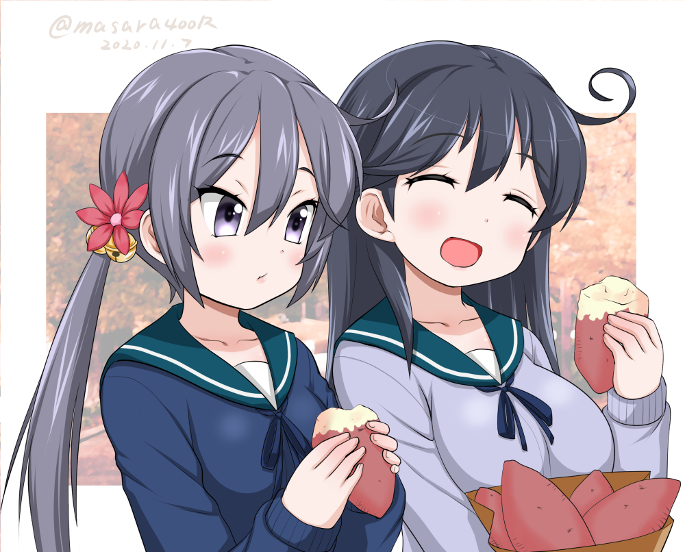 2girls ahoge akebono_(kantai_collection) bag black_hair blue_sailor_collar blue_sweater breasts closed_eyes commentary_request dated food grey_eyes grey_hair grey_sweater kantai_collection large_breasts masara_(chuujou) multiple_girls paper_bag sailor_collar school_uniform serafuku smile sweater sweet_potato twitter_username ushio_(kantai_collection)