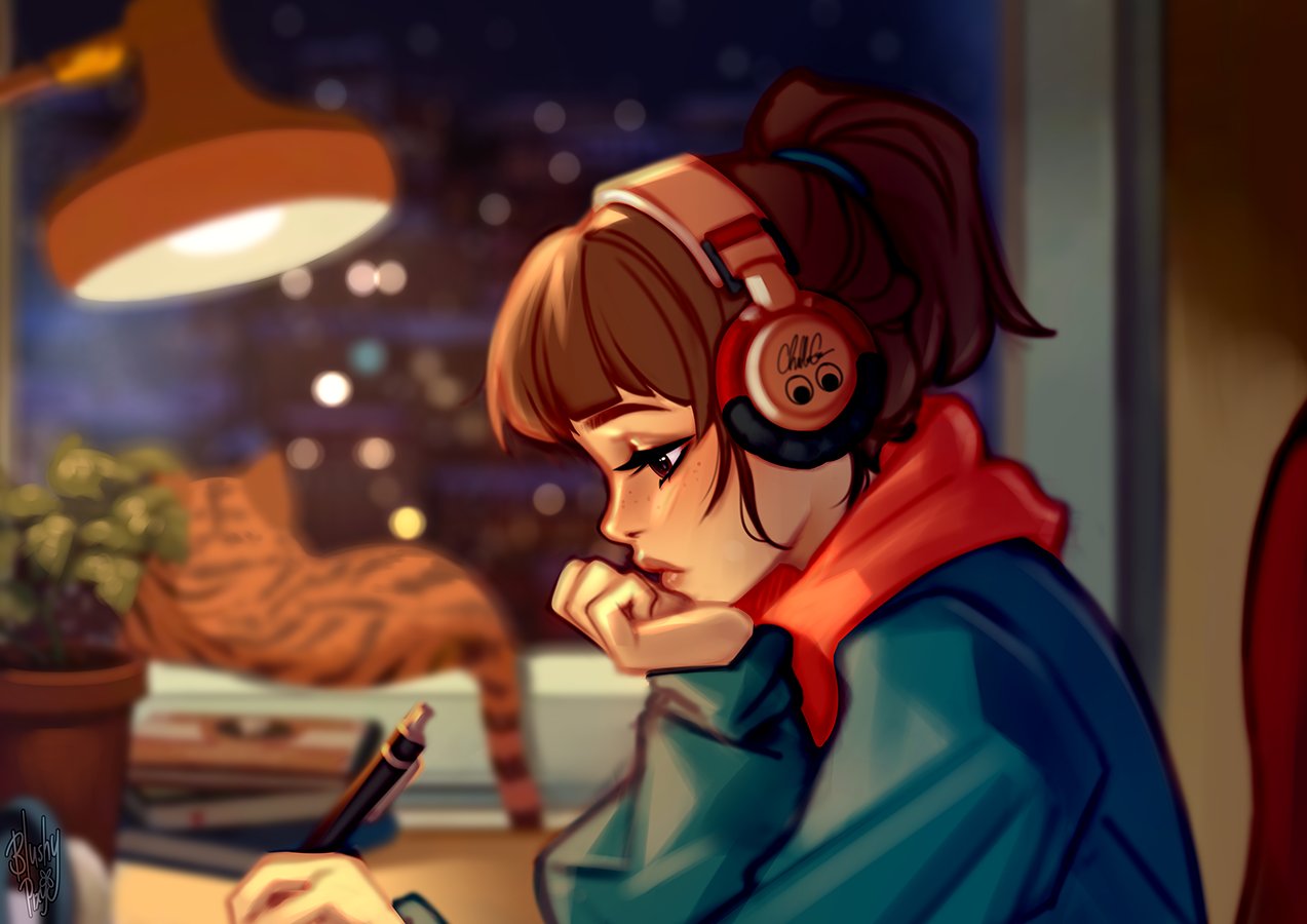 1girl bangs blushy-pixy brown_hair cat chilledcow_stream_girl chin_rest eyelashes freckles from_side googly_eyes headphones hood hood_down hoodie lamp listening_to_music lofi_hip_hop_radio_-_beats_to_relax/study_to medium_hair night pen reading short_ponytail soft_focus solo_focus studying tabby_cat writing