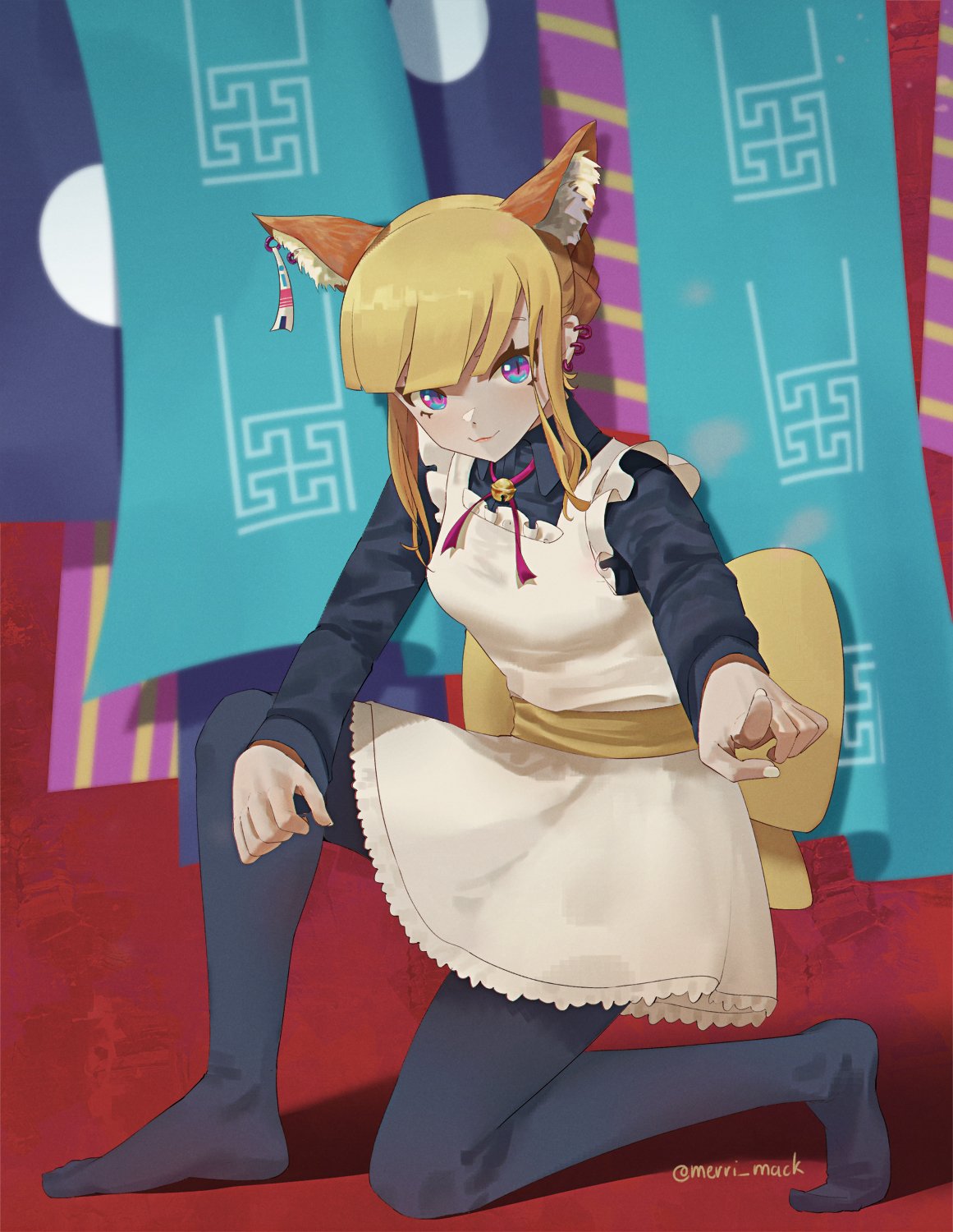 1girl animal_ears apron back_bow bangs bell black_legwear blonde_hair blue_eyes blunt_bangs bow braid braided_bun breasts closed_mouth ear_piercing earrings extra_ears fingernails fox_ears frilled_apron frills from_side highres jewelry jingle_bell long_sleeves looking_at_viewer looking_to_the_side medium_breasts merri_mack multicolored multicolored_eyes nail_polish neck_bell neck_ribbon no_shoes one_knee original pantyhose piercing pink_eyes pointing pointing_at_viewer red_ribbon ribbon short_hair slit_pupils smile solo twitter_username white_apron white_nails