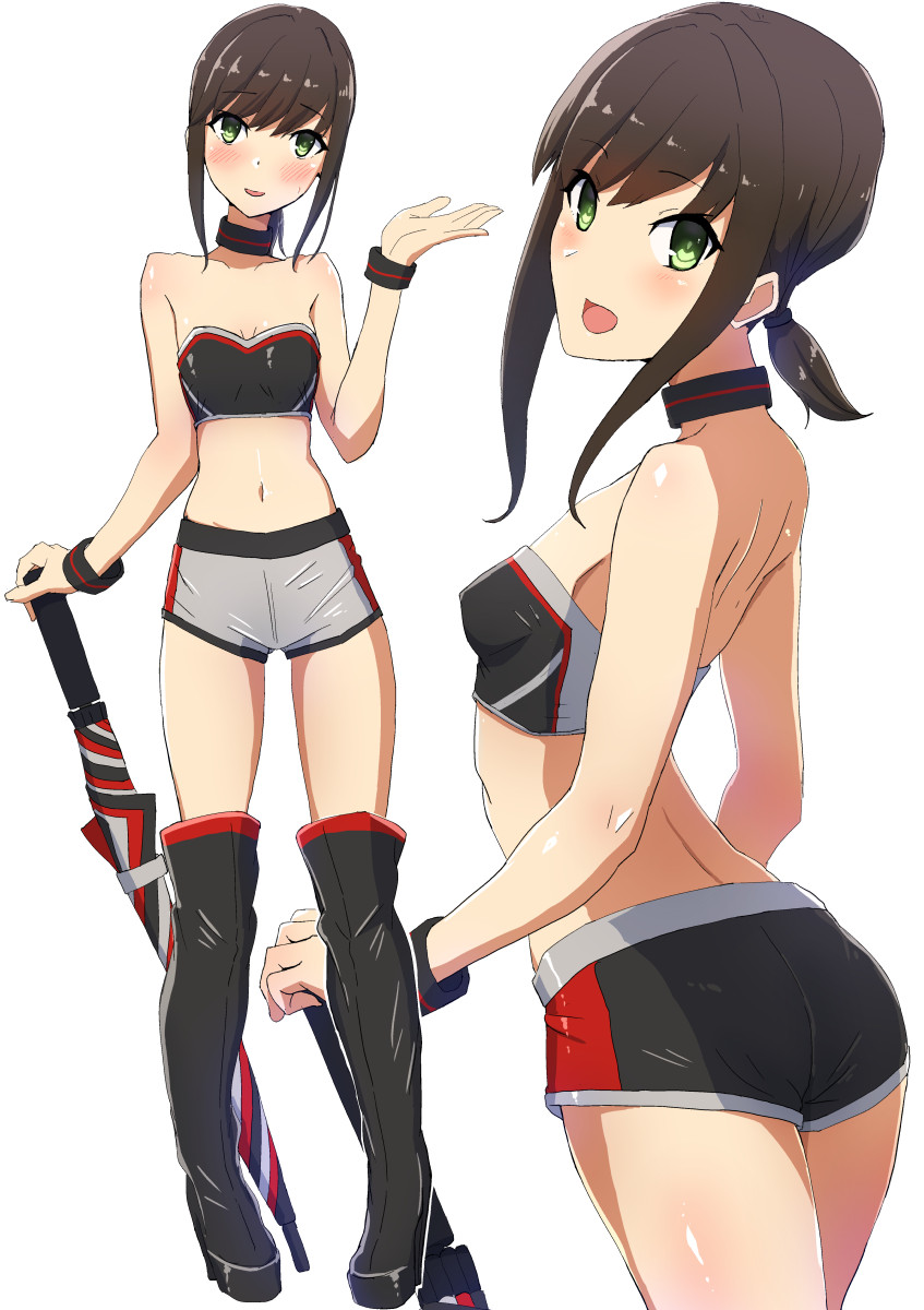 1girl alternate_costume bangs black_footwear blush boots breasts brown_hair choker closed_umbrella comala_(komma_la) eyebrows_visible_through_hair fubuki_(kantai_collection) green_eyes highres holding holding_umbrella kantai_collection low_ponytail midriff multiple_views navel open_mouth ponytail racequeen short_ponytail shorts sidelocks simple_background sleeveless small_breasts strapless thigh-highs thigh_boots tubetop umbrella white_background