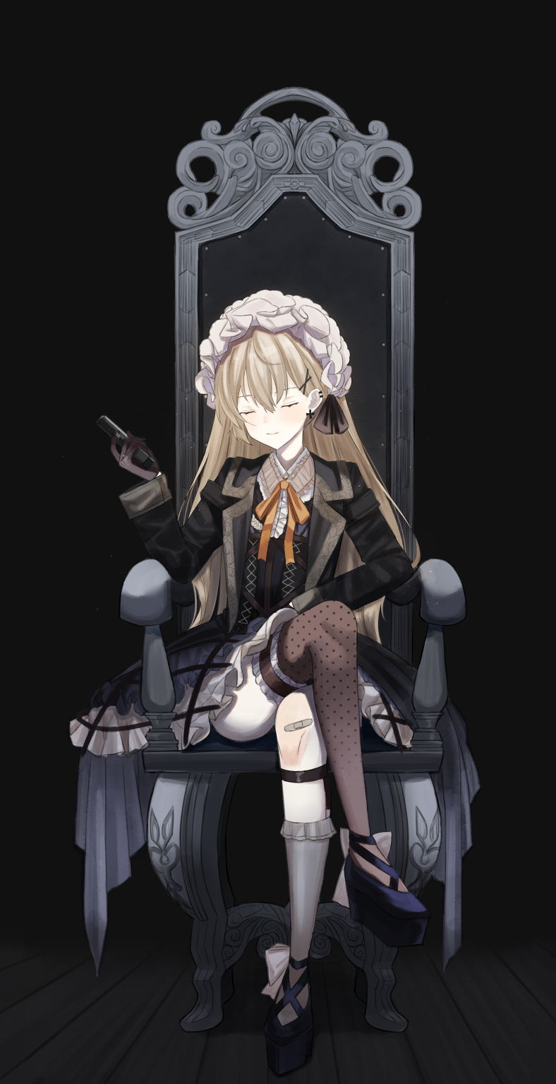 1girl a_iri_a armchair asymmetrical_legwear black_background black_footwear black_gloves blazer blonde_hair chair closed_eyes closed_mouth cross cross_earrings crossed_legs earrings girls_frontline gloves gun hair_ribbon handgun highres holding holding_gun holding_weapon jacket jewelry long_hair multicolored multicolored_clothes multicolored_legwear neck_ribbon orange_neckwear pistol ppk_(girls_frontline) ribbon shoes sitting solo weapon