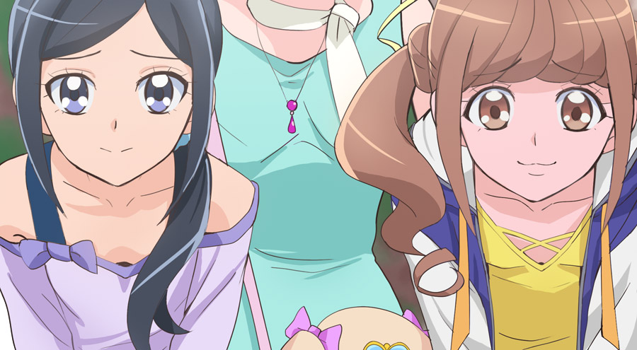 3girls black_hair blue_eyes blue_scrunchie brown_hair closed_mouth collarbone fuurin_asumi hair_ornament hair_scrunchie haruyama_kazunori head_out_of_frame healin'_good_precure hiramitsu_hinata jacket latte_(precure) long_hair looking_at_viewer multiple_girls precure sawaizumi_chiyu scarf scrunchie shirt short_hair twintails white_scarf yellow_shirt