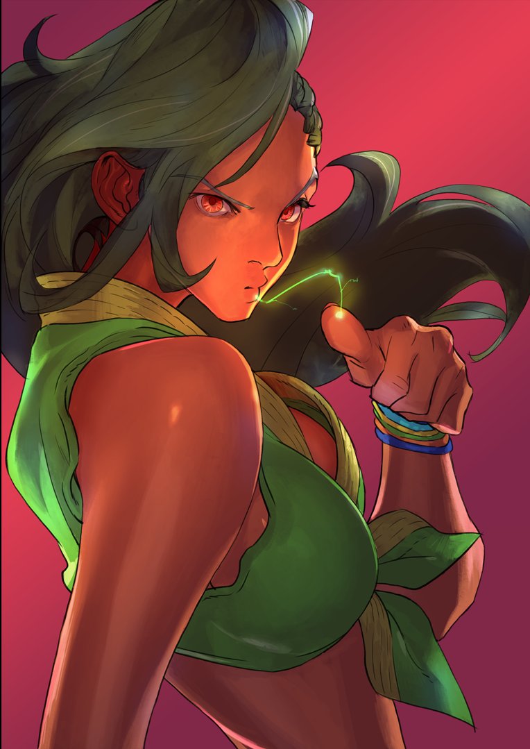 1girl asymmetrical_hair bengus black_hair brazilian breasts clenched_hand cornrows dark_skin electricity fighting_stance fingernails forehead front-tie_top furrowed_eyebrows laura_matsuda long_hair looking_at_viewer medium_breasts official_art pink_background red_eyes second-party_source solo street_fighter street_fighter_v very_dark_skin