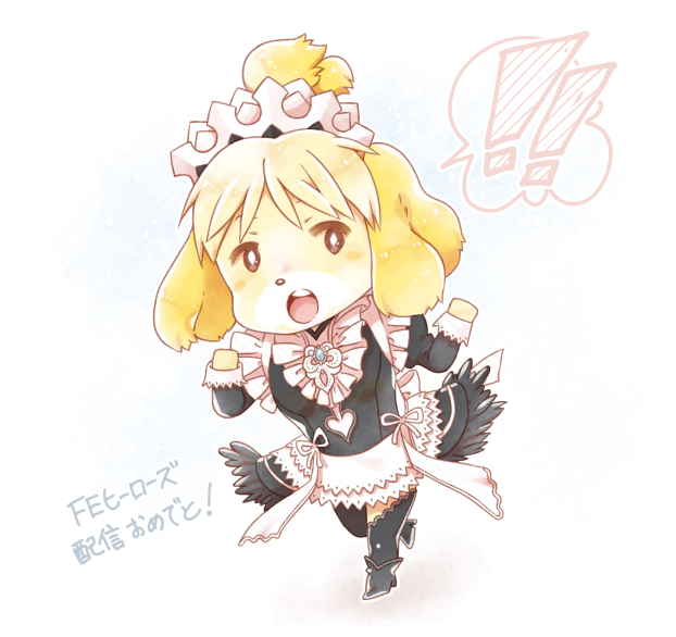 !! 1girl alternate_costume animal_crossing animal_ears apron bangs black_dress black_footwear black_legwear blonde_hair blue_background blush_stickers brooch brown_eyes clothing_cutout commentary_request cosplay dog_ears dog_girl dress enmaided felicia_(fire_emblem) felicia_(fire_emblem)_(cosplay) fire_emblem fire_emblem_fates flat_chest full_body furry hands_up heart_cutout high_heels isabelle_(animal_crossing) jewelry juliet_sleeves leg_up long_sleeves looking_at_viewer maid maid_headdress open_mouth puffy_sleeves shiny shiny_hair shoes short_hair simple_background solo speech_bubble standing standing_on_one_leg teeth thigh-highs tied_hair topknot translation_request tsutsuji_(hello_x_2)