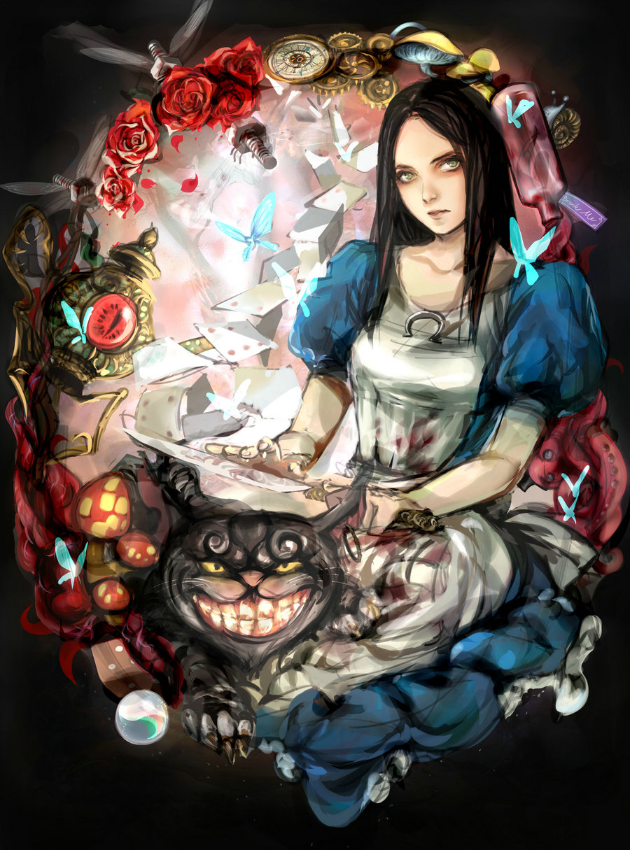1girl alice:_madness_returns alice_(wonderland) alice_in_wonderland american_mcgee's_alice animal_ears apron black_hair cat_ears cheshire_cat closed_mouth dress green_eyes highres jewelry long_hair looking_at_viewer necklace open_mouth smile