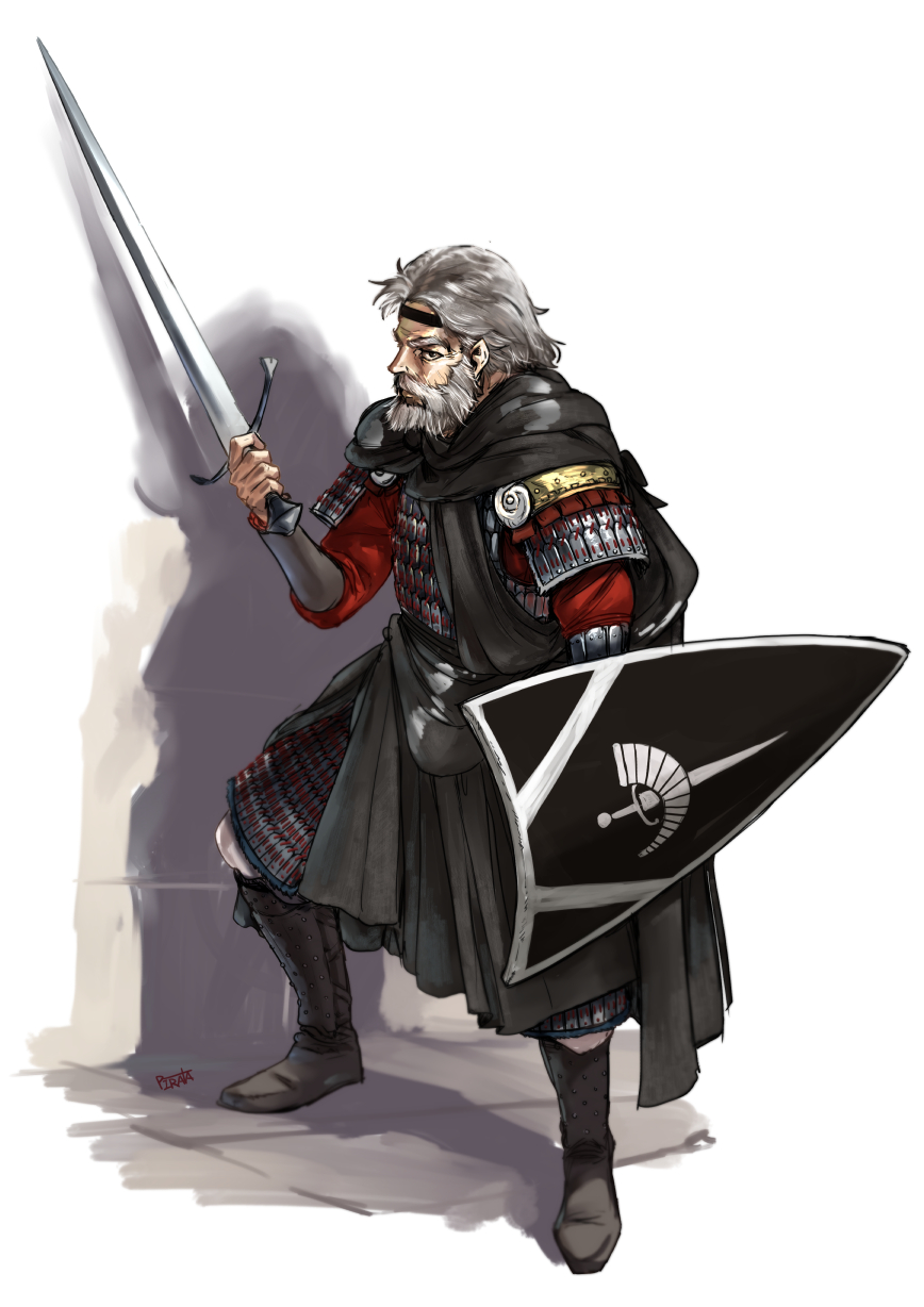 1boy armor beard commentary english_commentary facial_hair full_body grey_hair highres holding holding_sword holding_weapon male_focus medium_hair old_man original pirata_(gailtonatiu) pointy_ears shield solo sword weapon