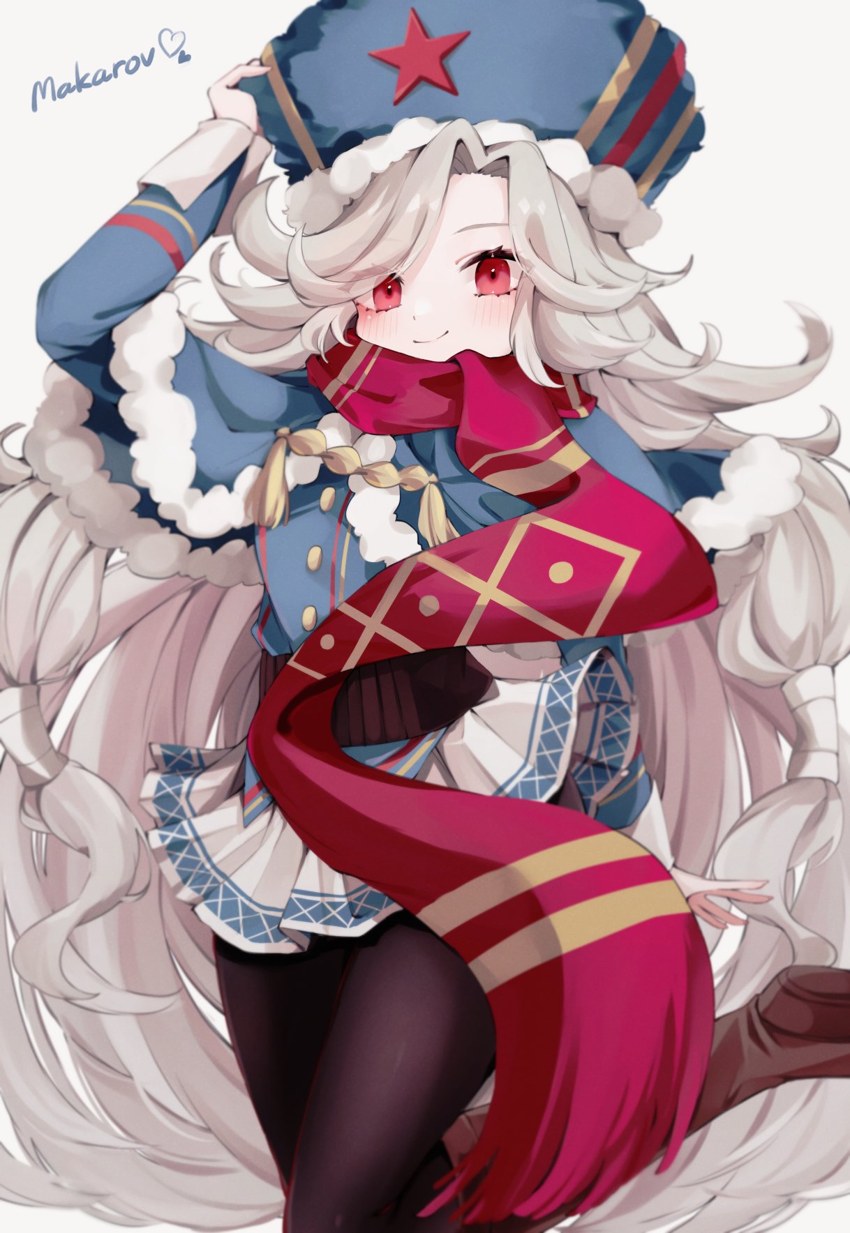 1girl adjusting_clothes adjusting_headwear blue_headwear boots buttons capelet fur-trimmed_capelet fur_hat fur_trim girls_frontline hat highres kairi630 leg_up long_hair looking_at_viewer makarov_(girls_frontline) pantyhose red_eyes red_scarf scarf skirt smile solo star_(symbol) ushanka very_long_hair white_hair