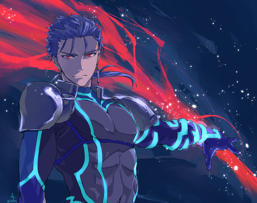 1boy armor blue_hair bodysuit closed_mouth cu_chulainn_(fate)_(all) earrings fate/extra fate_(series) gae_bolg iz_izhara jewelry long_hair male_focus muscle outstretched_arm pauldrons pectorals polearm ponytail red_eyes shoulder_armor signature skin_tight smile solo spiky_hair type-moon weapon