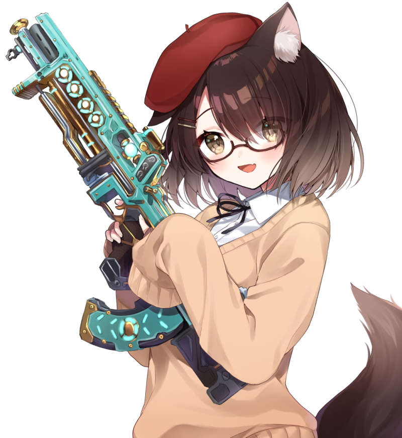 1girl :d animal_ear_fluff animal_ears apex_legends bangs beret black_ribbon brown-framed_eyewear brown_eyes brown_hair brown_sweater collared_shirt commentary_request dress_shirt eyebrows_visible_through_hair eyes_visible_through_hair fang glasses gun hair_over_one_eye hat holding holding_gun holding_weapon light_up long_sleeves looking_at_viewer neck_ribbon open_mouth red_headwear ribbon semi-rimless_eyewear shirt simple_background sleeves_past_fingers sleeves_past_wrists smile solo sweater tail under-rim_eyewear upper_body virtual_youtuber weapon weapon_request white_background white_shirt wolf_ears wolf_girl wolf_tail yamabukiiro yuzuki_uru