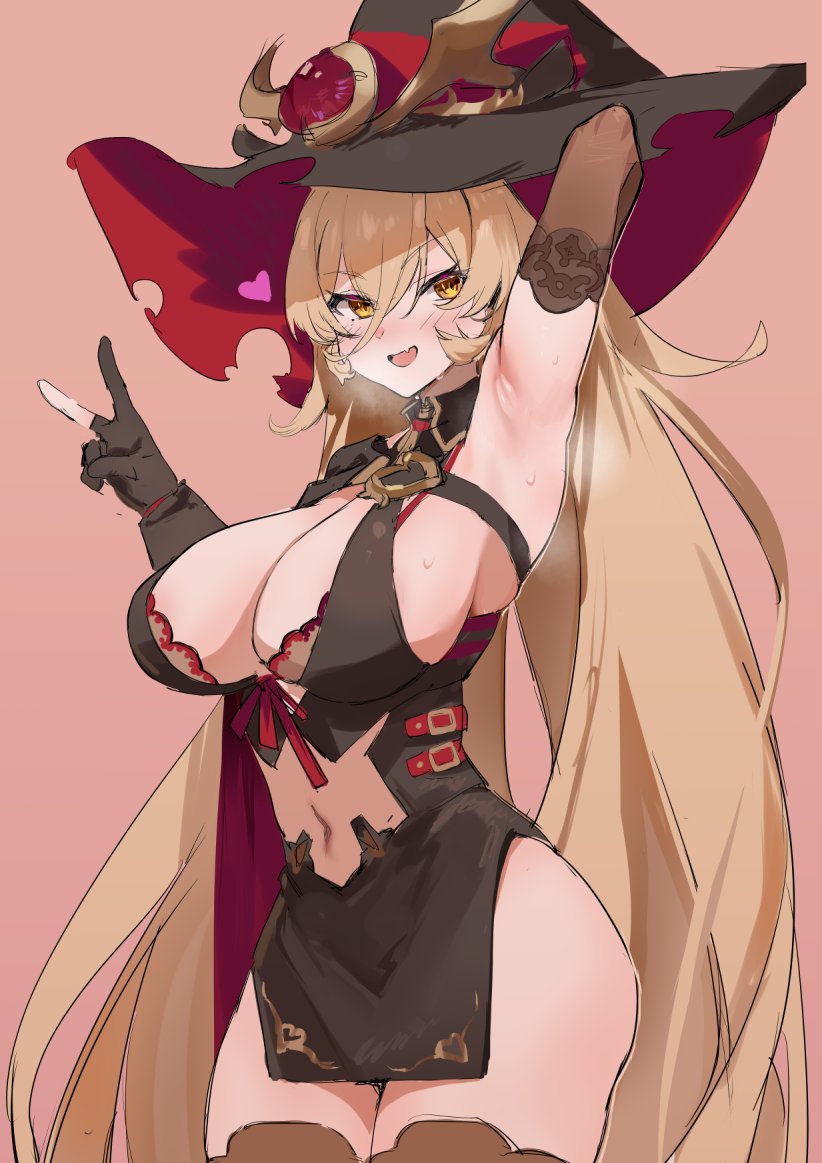 1girl black_gloves blonde_hair blush bra bra_peek bra_strap breasts clothing_cutout eyebrows_visible_through_hair fang fang_out gloves hair_between_eyes hat large_breasts long_hair looking_at_viewer navel navel_cutout nijisanji nui_sociere partially_fingerless_gloves red_bra seinen skin_fang smile solo thigh-highs torn_clothes torn_hat underwear v virtual_youtuber witch witch_hat yellow_eyes