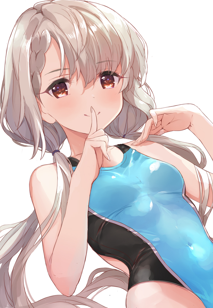 1girl bare_shoulders blush braid braided_bangs breasts brown_eyes eyebrows_visible_through_hair grey_hair hisakawa_nagi idolmaster idolmaster_cinderella_girls idolmaster_cinderella_girls_starlight_stage long_hair looking_at_viewer low_twintails one-piece_swimsuit simple_background small_breasts smile solo swimsuit tetsujin_momoko twintails white_background
