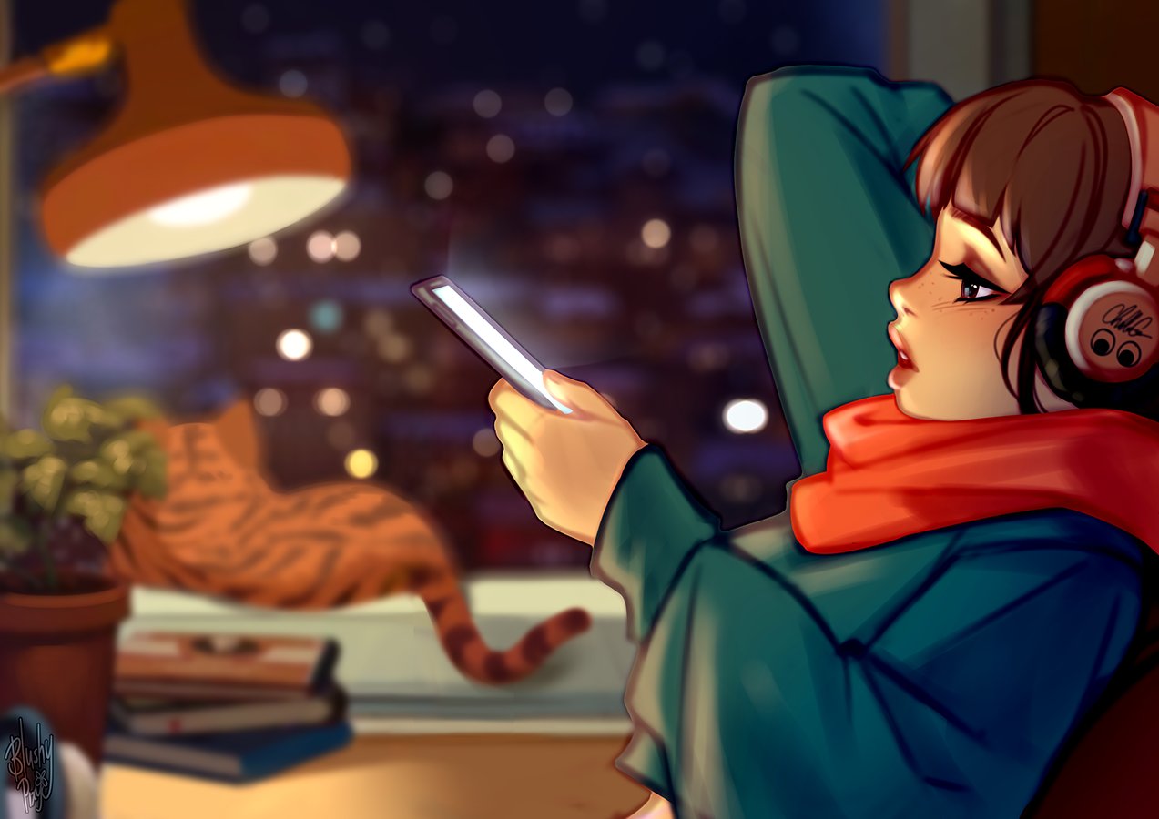 1girl blushy-pixy brown_eyes brown_hair cat cellphone chilledcow_stream_girl eyelashes freckles from_side googly_eyes headphones holding holding_phone hood hood_down hoodie lamp lips listening_to_music lofi_hip_hop_radio_-_beats_to_relax/study_to medium_hair night parted_lips phone short_ponytail smartphone soft_focus solo_focus tabby_cat upper_teeth