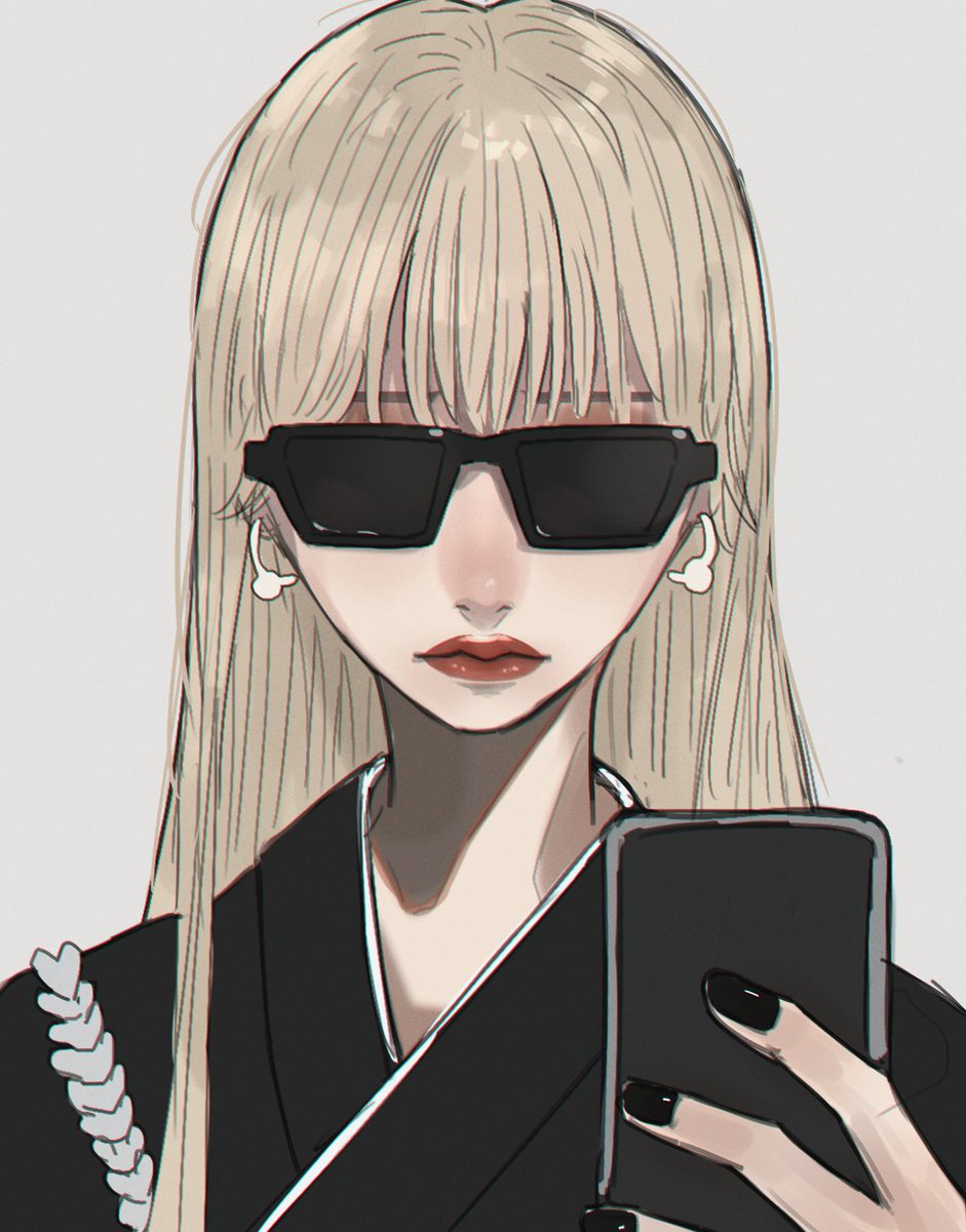 1girl bangs black_nails blonde_hair cellphone close-up earrings highres holding holding_phone japanese_clothes jewelry mano_aaa original phone smartphone solo sunglasses