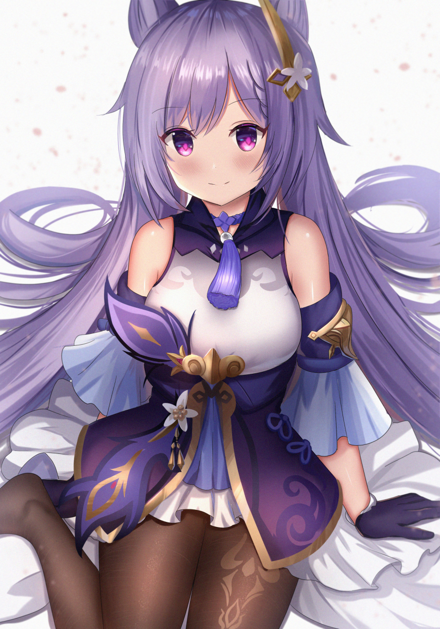 1girl ame_sagari bangs bare_shoulders blue_sleeves blush breasts brown_legwear closed_mouth commentary_request detached_sleeves dress eyebrows_visible_through_hair genshin_impact gloves highres keqing_(genshin_impact) long_hair looking_at_viewer medium_breasts no_shoes pantyhose purple_gloves purple_hair short_sleeves sitting sleeveless sleeveless_dress smile solo twintails very_long_hair violet_eyes white_background white_dress wide_sleeves
