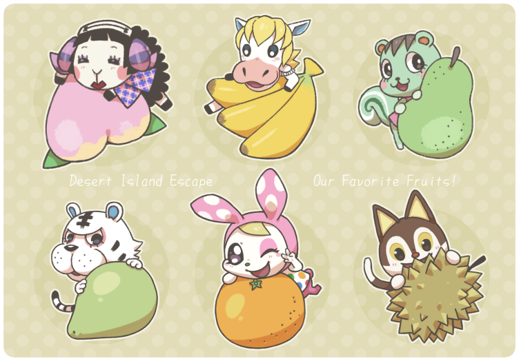3boys 3girls :3 animal_crossing animal_ears banana bangs black_eyes black_hair black_sclera blonde_hair blunt_bangs blush blush_stickers border brown_background brown_hair bunny_tail cat_boy cat_ears cat_tail chibi chrissy_(animal_crossing) closed_eyes colton_(animal_crossing) commentary_request durian english_text epaulettes fake_animal_ears food freckles fruit furry hairband hand_up hands_up happy hood horns horse_boy light_blush lipstick looking_at_viewer makeup mint_(animal_crossing) muffy_(animal_crossing) multiple_boys multiple_girls one_eye_closed open_mouth orange outline oversized_object peach pear plaid_neckwear polka_dot polka_dot_background rabbit_ears rabbit_girl red_lipstick rolf_(animal_crossing) rudy_(animal_crossing) sheep_girl sheep_horns shiny shiny_hair short_hair simple_background smile squirrel_ears squirrel_girl squirrel_tail tail tiger_boy tiger_ears tiger_tail tsutsuji_(hello_x_2) white_border white_eyes white_hairband yellow_sclera