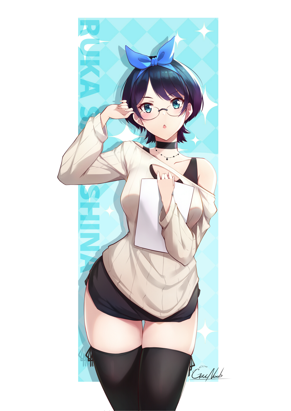 1girl adjusting_hair arm_up black_hair black_legwear black_shirt black_shorts blue_bow blue_hairband blush bow breasts character_name choker collarbone commentary english_commentary eyebrows_visible_through_hair gainoob glasses green_eyes hair_bow hair_ornament hairband highres holding holding_paper jewelry kanojo_okarishimasu long_sleeves looking_at_viewer medium_breasts necklace object_hug paper parted_lips ribbed_sweater sarashina_ruka shirt short_hair short_shorts shorts signature solo sweater thigh-highs