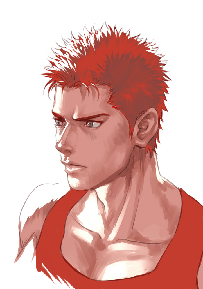 1boy basketball_jersey basketball_uniform closed_mouth collarbone commentary_request cropped_torso eilinna from_side grey_eyes lips male_focus pectorals red_shirt redhead sakuragi_hanamichi serious shirt simple_background sketch slam_dunk sleeveless sleeveless_shirt solo sportswear upper_body white_background