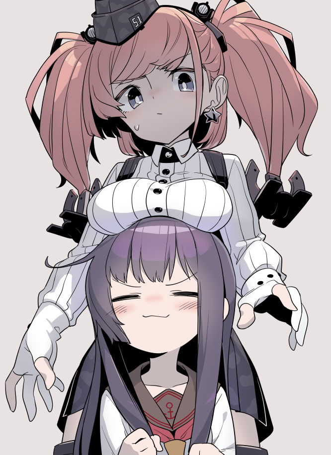 2girls akatsuki_(kantai_collection) anchor_hair_ornament atlanta_(kantai_collection) black_headwear black_sailor_collar black_skirt blush breast_rest breasts breasts_on_head brown_hair buttons closed_eyes collarbone commentary_request cowboy_shot earrings eyebrows_visible_through_hair garrison_cap gloves grey_background grey_eyes hair_ornament hat jewelry kantai_collection large_breasts long_hair long_sleeves monaka_ooji multiple_girls neckerchief no_hat no_headwear partially_fingerless_gloves pleated_skirt purple_hair red_neckwear remodel_(kantai_collection) sailor_collar school_uniform serafuku shirt simple_background skirt star_(symbol) star_earrings two_side_up white_shirt