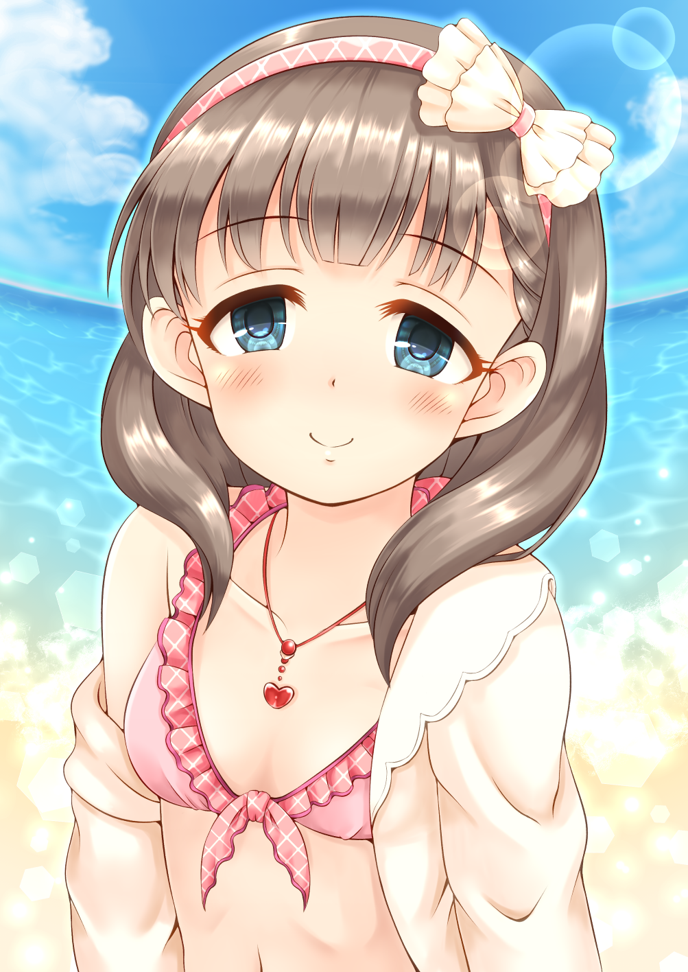 1girl bangs bikini blue_eyes blush bow breasts brown_hair closed_mouth collarbone day eyebrows_visible_through_hair hair_bow hairband heart heart_necklace highres horizon idolmaster idolmaster_cinderella_girls jacket long_hair looking_at_viewer navel ocean off_shoulder open_clothes open_jacket outdoors pink_bikini pink_hairband regular_mow sakuma_mayu small_breasts smile solo swimsuit upper_body water white_bow white_jacket