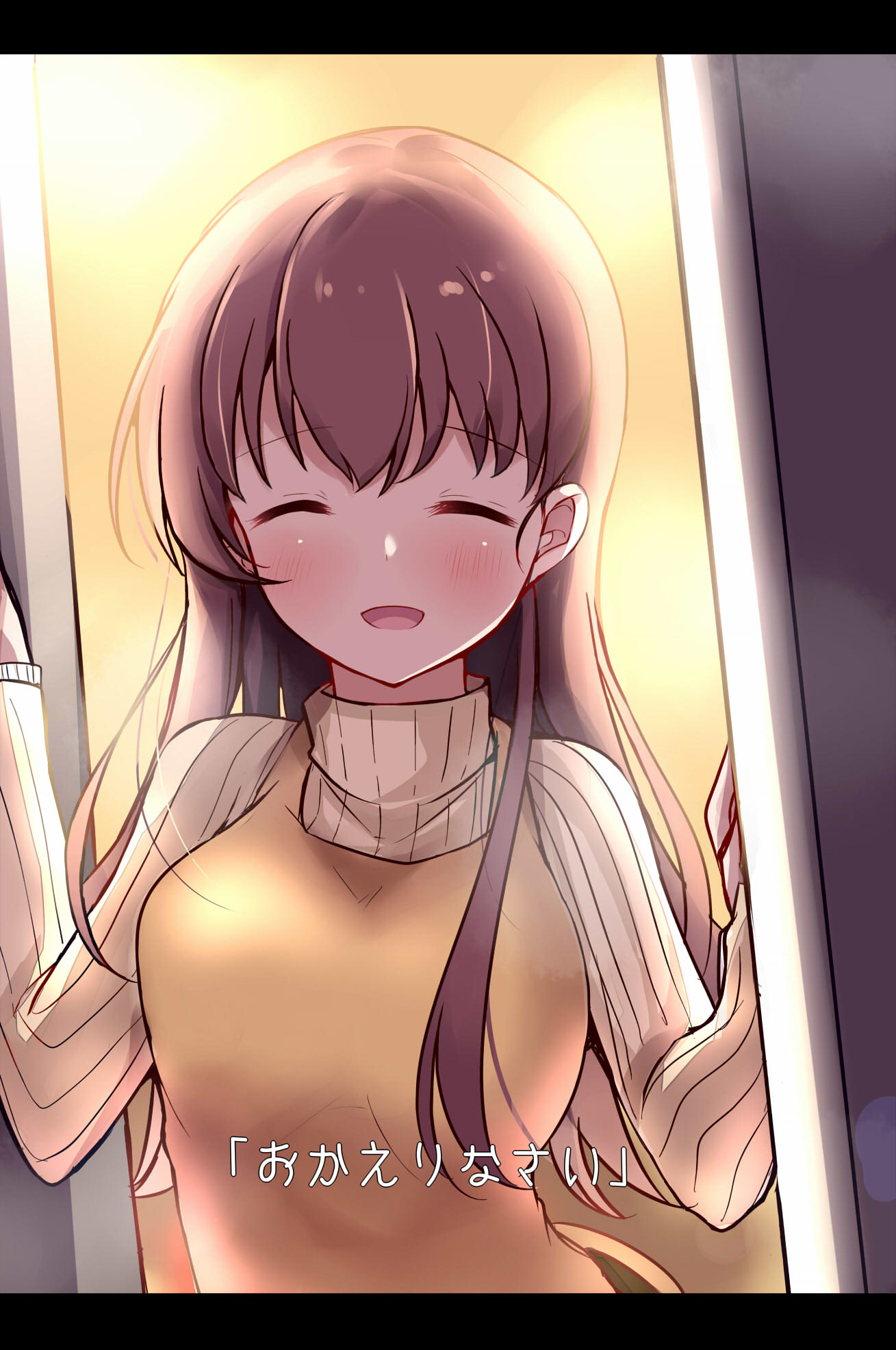 1girl alternate_costume apron beige_sweater brown_hair closed_eyes commentary_request door facing_viewer highres kantai_collection long_hair ooi_(kantai_collection) open_mouth ribbed_sweater smile solo soramuko subtitled sweater translation_request upper_body yellow_apron