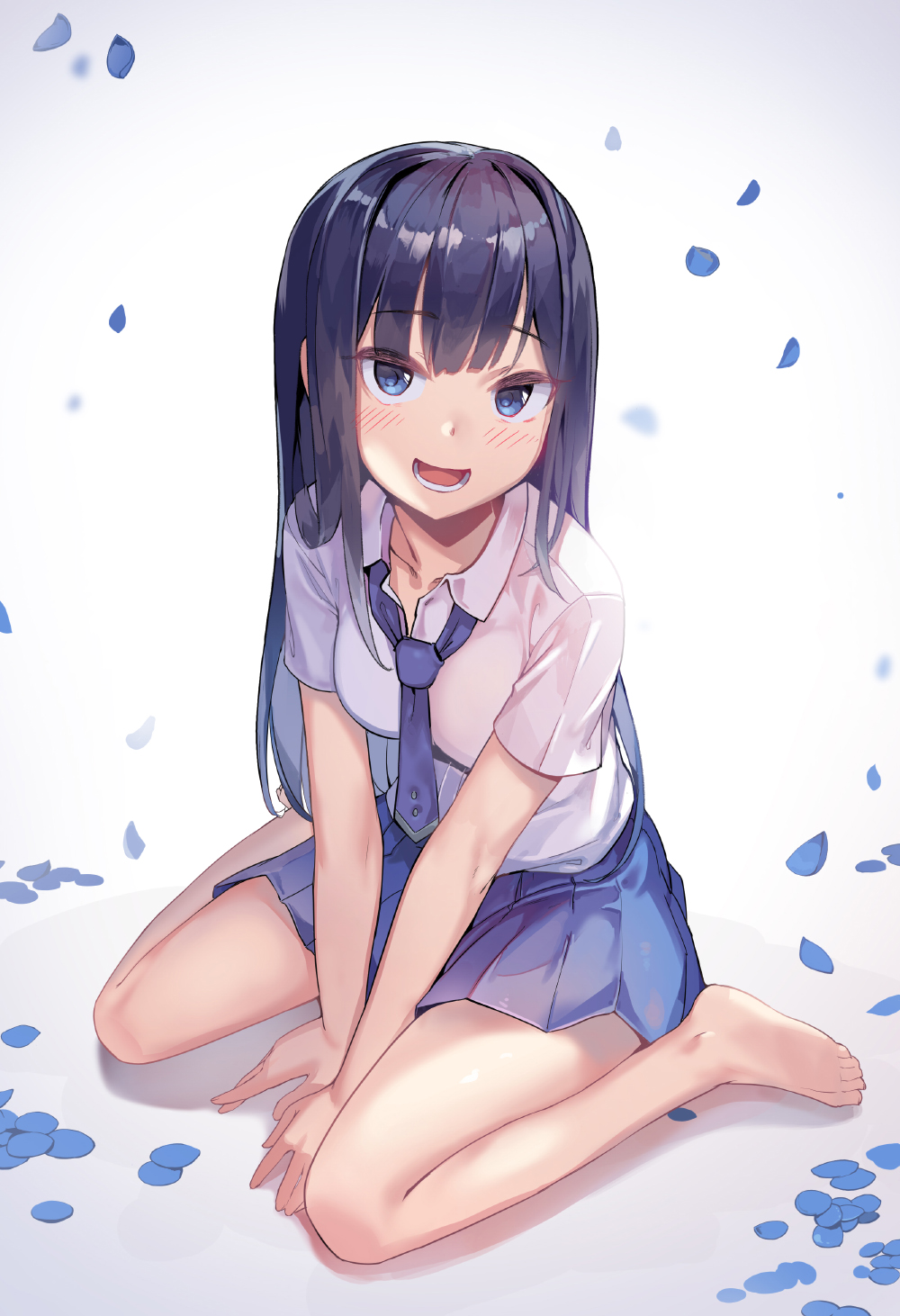 1girl :d barefoot black_hair blue_eyes blue_neckwear blue_skirt blush breasts collared_shirt commentary_request full_body gradient gradient_background grey_background highres long_hair looking_at_viewer necktie newey open_mouth original petals pleated_skirt shirt short_sleeves sitting skirt small_breasts smile solo very_long_hair wariza white_shirt