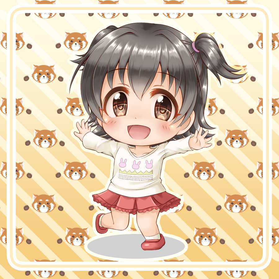 1girl :d akagi_miria bangs big_head black_hair blush brown_eyes chibi diagonal_stripes eyebrows_visible_through_hair full_body hair_between_eyes idolmaster idolmaster_cinderella_girls loafers long_sleeves looking_at_viewer open_mouth outstretched_arms pleated_skirt red_footwear red_skirt regular_mow shirt shoes skirt smile socks solo spread_arms standing standing_on_one_leg striped striped_background two_side_up white_legwear white_shirt