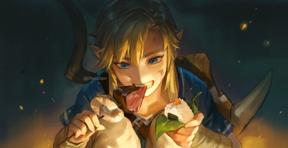 1boy artist_name blonde_hair blue_eyes bow_(weapon) close-up eating food holding holding_food holstered_weapon jinwu_(artist) link onigiri pointy_ears solo the_legend_of_zelda the_legend_of_zelda:_breath_of_the_wild watermark weapon